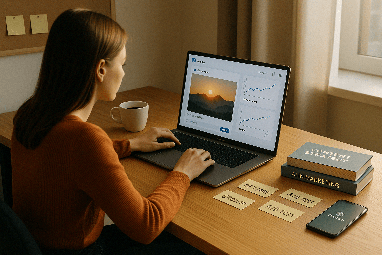 Jonge marketingprofessional werkt aan een bureau met laptop waarop een social media dashboard en stijgende grafieken te zien zijn, als visuele weergave van succesvolle online leadgeneratie via AI en contentstrategie.