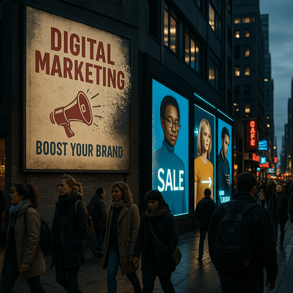 Drukke stadstraat bij schemering met een verouderd digitaal marketing billboard dat 'Boost Your Brand' toont, naast moderne interactieve advertenties op heldere LED-schermen. Voorbijgangers lopen langs onder neonverlichting, wat het contrast tussen oude en nieuwe marketingstrategieën benadrukt.