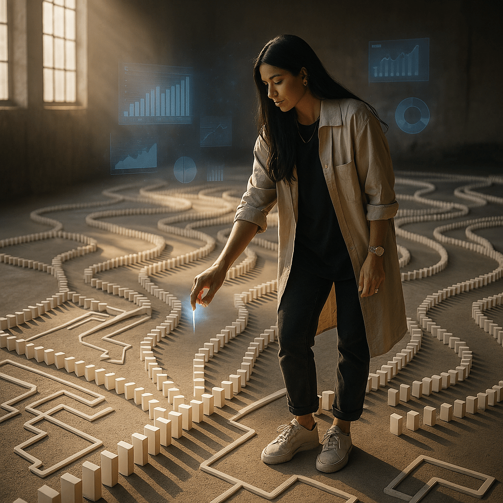 Vrouw plaatst eerste dominosteen in een grote industriële ruimte, omringd door complexe patronen en holografische grafieken — een visuele metafoor voor growth hacking en strategische impact binnen digital marketing.