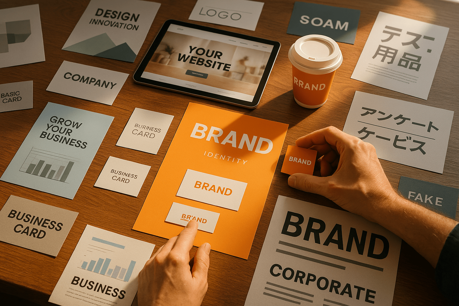 Overzicht van verschillende merkmaterialen op een houten tafel, waarbij één opvallende en consistente huisstijl in kleur en typografie centraal staat — als visuele metafoor voor effectieve huisstijl marketing en merkherkenning.