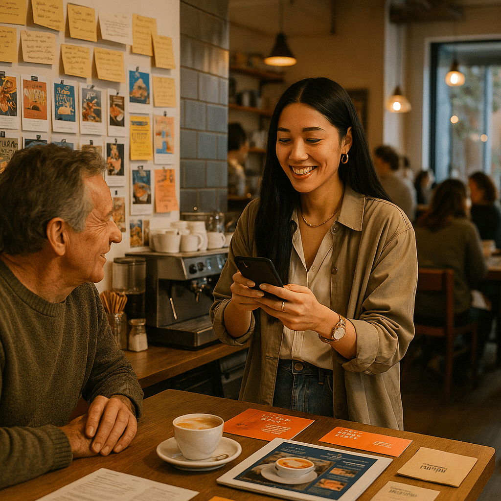 Vrouwelijke barista deelt een foto van haar koffie op social media tijdens een gesprek met een klant in een druk café, met op de achtergrond een muur vol bedankbriefjes en lokale posters — een visuele weergave van marketing en media in de praktijk van een klein bedrijf.