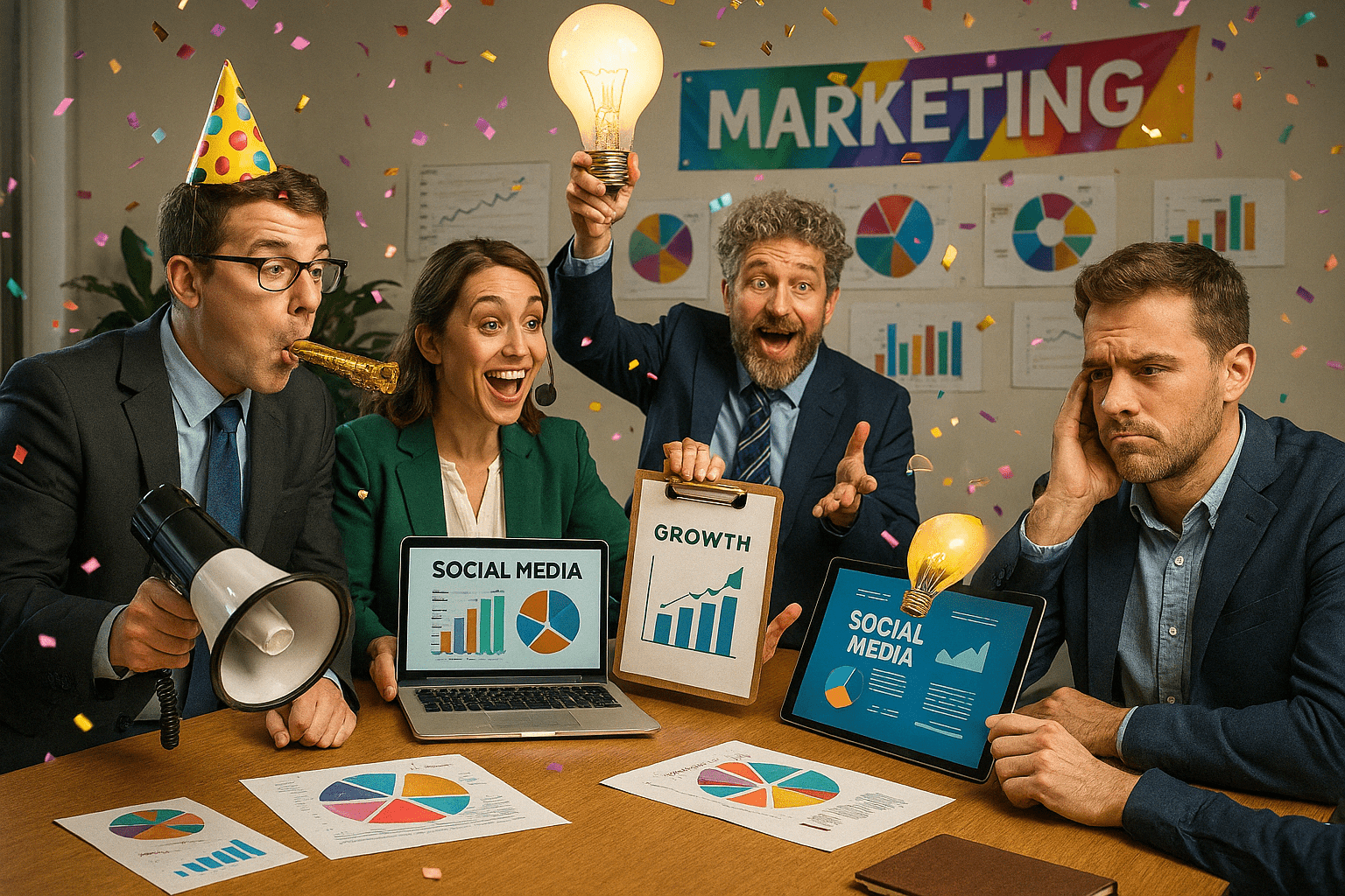 Overdreven pitch door een marketing communicatiebureau met feesthoedjes, grafieken en confetti, terwijl de klant onverschillig en verveeld toekijkt — een visuele metafoor voor mismatch in communicatie en aanpak.