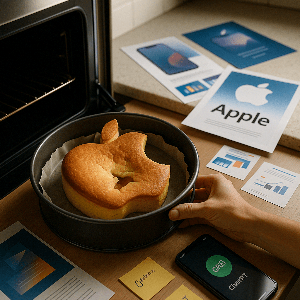 Ondergebakken cake in de vorm van het Apple-logo wordt te vroeg uit de oven gehaald, omringd door marketingmaterialen — een visuele metafoor voor het te vroeg lanceren van Apple Intelligence en de uitdagingen van technologie marketing.