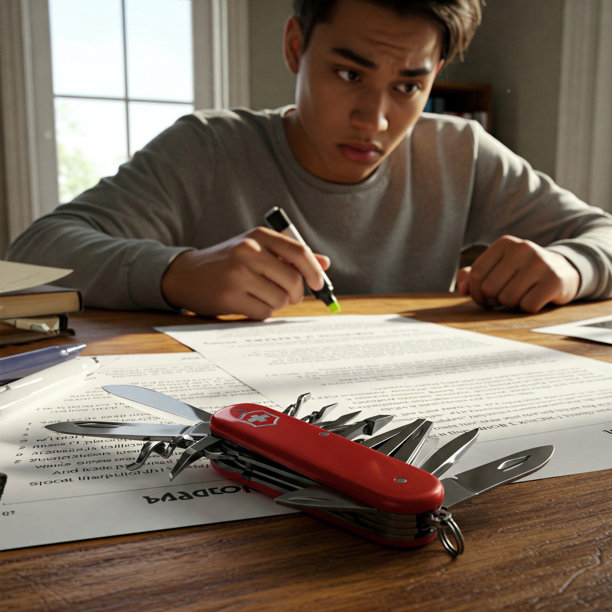 Een jonge man kijkt bedenkelijk naar een uitgebreide vacaturetekst terwijl hij met een markeerstift zinnen benadrukt. Op het bureau ligt een Zwitsers zakmes met veel ongebruikte tools, waarvan slechts één mes duidelijk versleten is. Het tafereel symboliseert de overvraagde functie-eisen voor een online marketeer.